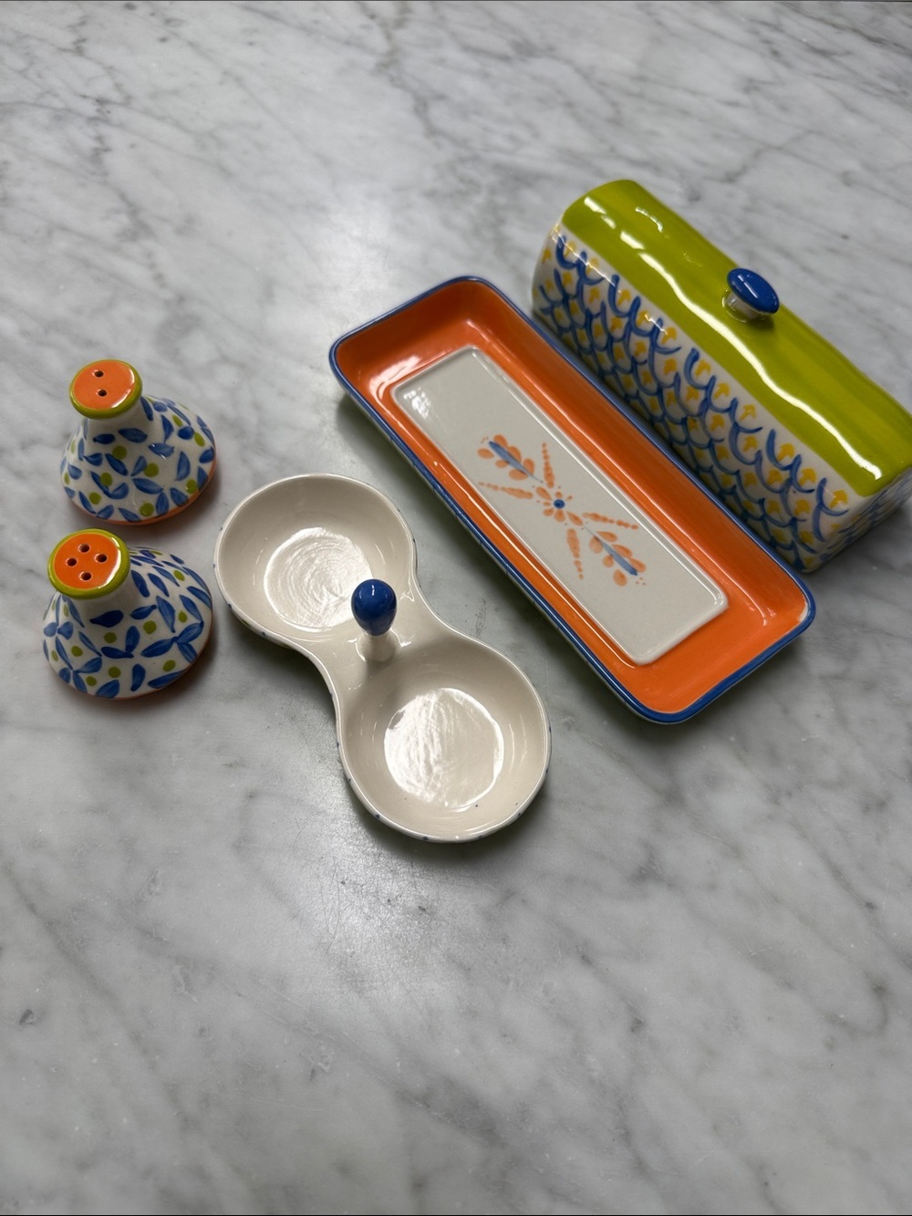 Anthropologie Tortua Colorful Salt & Pepper Shakers and Lidded Butter Dish - Picture 2 of 5